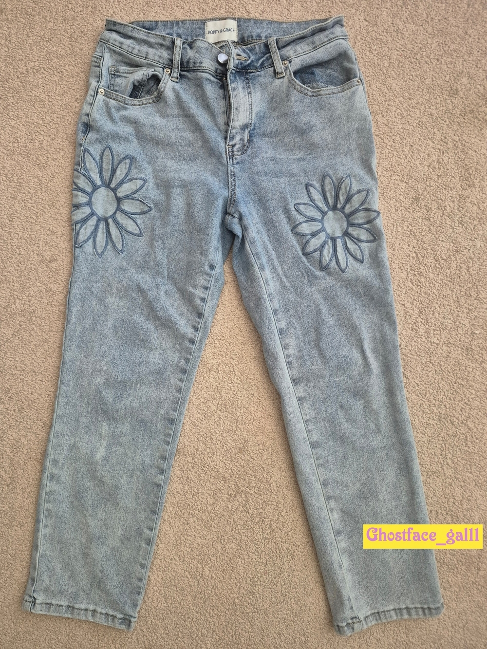 Light Blue Skinny Jeans with Daisy Embroidery - Women's